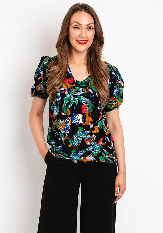 ICHI Celiva Print V-Neckline Blouse, Black