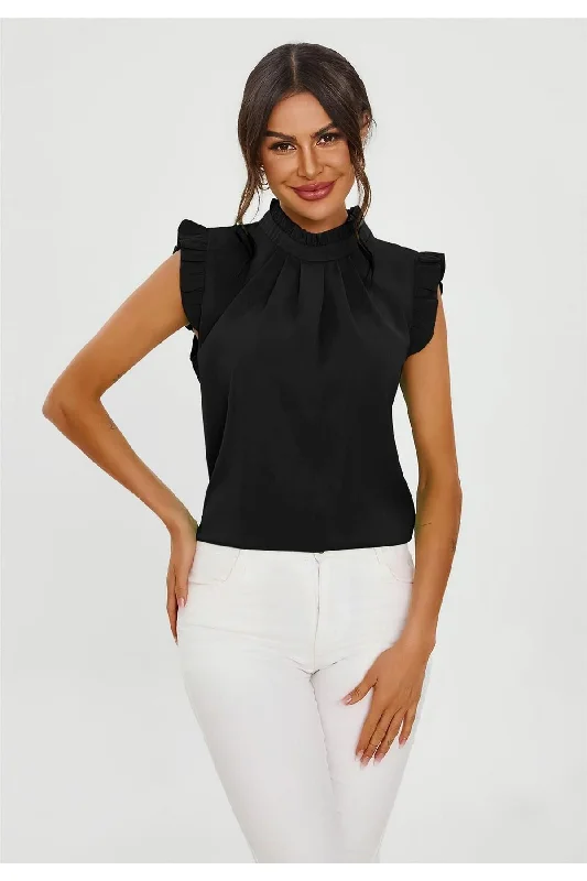 FS Collection Frill Trim Sleeve High Neck Blouse Top In Black