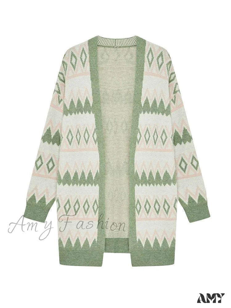 Amy Fashion - Green White Knee Length Loose Open Cardigan Sweater