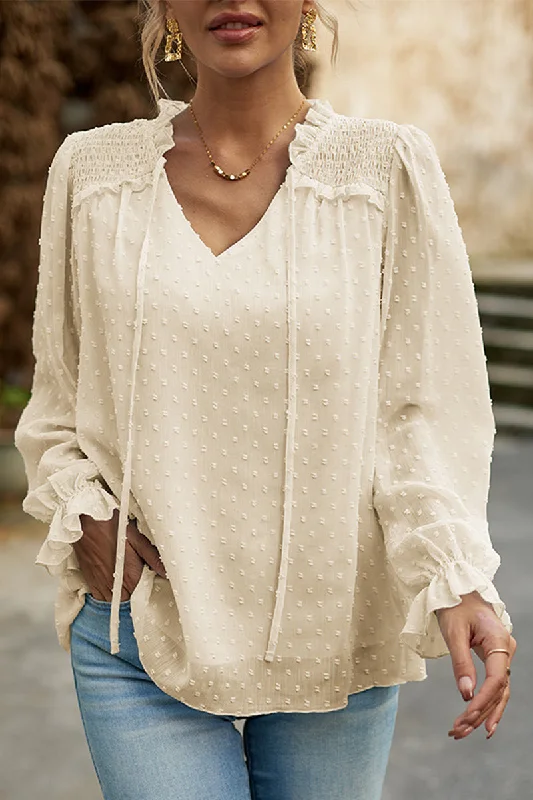 WOMEN RUFFLED SWISS DOT CHIFFON BLOUSE TOP