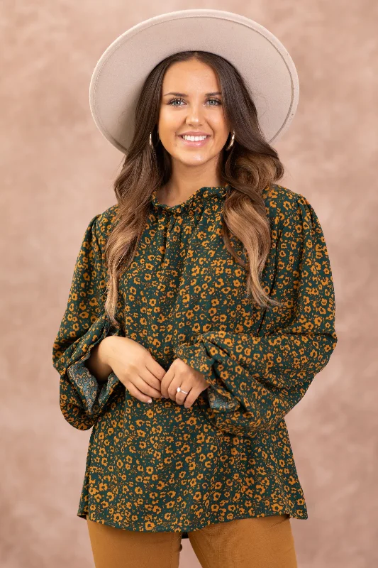 Emerald Green and Copper Floral Print Top