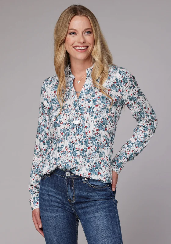 Roper Womens Ditzy Floral White/Blue 100% Rayon L/S Shirt