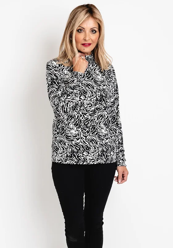 Erfo Shirred Neckline Paisley Top, Black & White