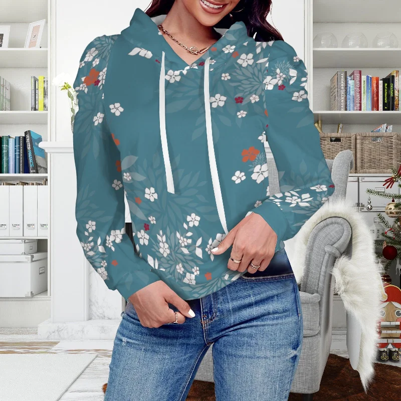 Pleated Puff Sleeve Hooded Fleece Sweatshirt Dusted Teal Blossom Print