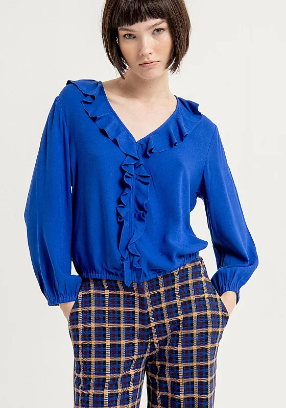 Surkana V-Neckline Ruffled Blouse, Cobalt Blue