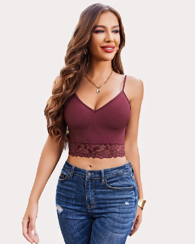 Lace V Neck Spaghetti Strap Ribbed Tank Top