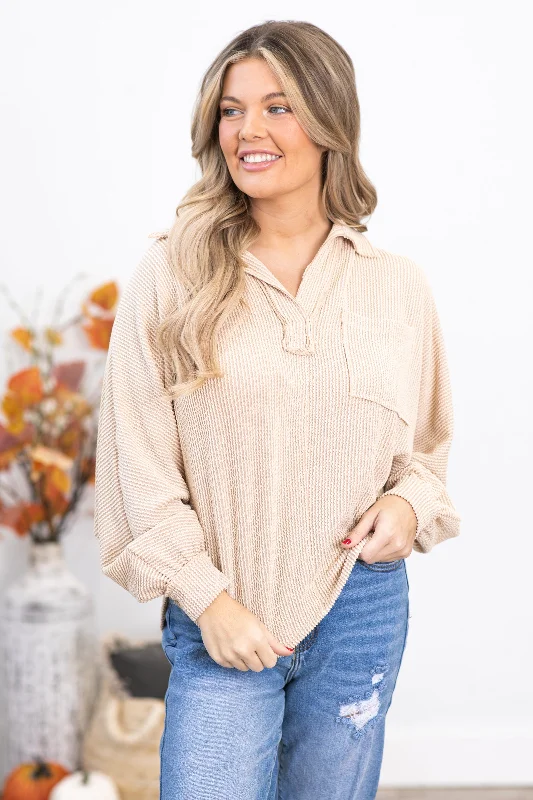 Beige Ribbed Top With Collar