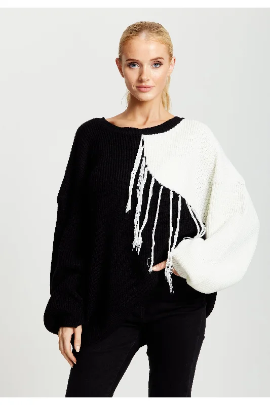 Liquorish Black And White Jumper With Tassel Detail