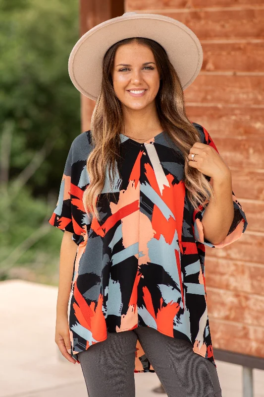 Orange and Peach Abstract Print V-Neck Top