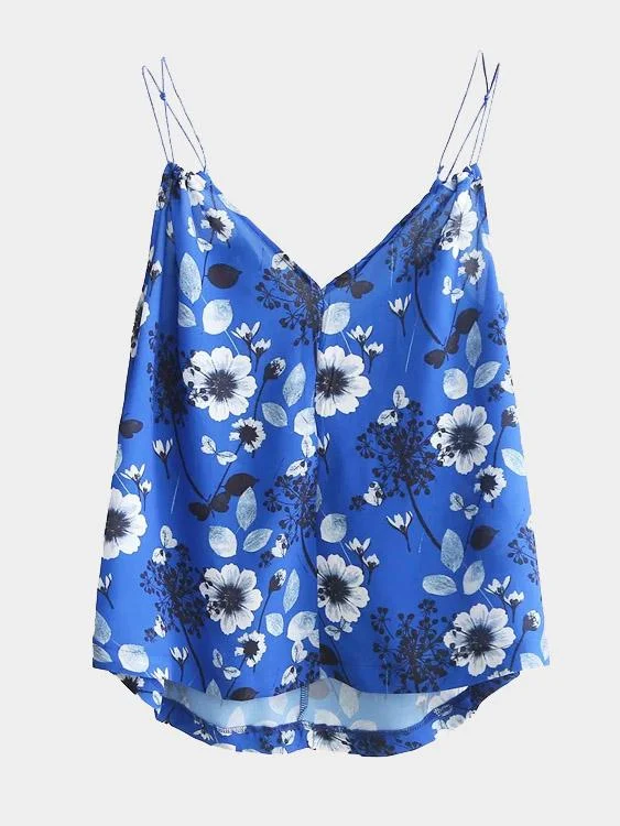 Custom Floral Print Sleeveless Irregular Hem Blue Camis