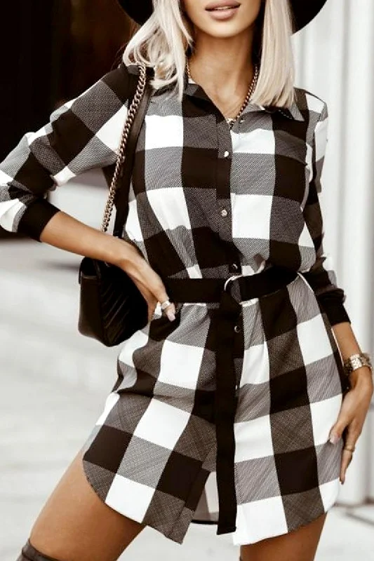 WOMEN LONG SLEEVE BUTTON UP PLAID DRESS SHIRT