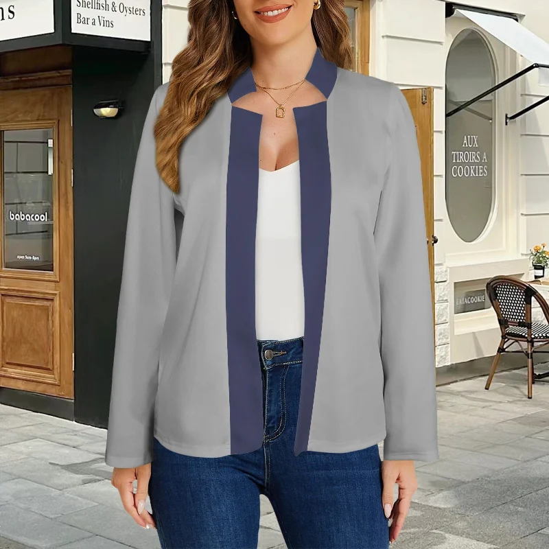 Open Front Long Sleeve Blazer Light Grey & Dusted Blue