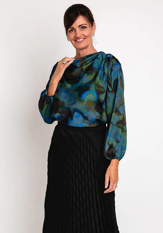 Camelot Satin Watercolour Inspired Blouse, Green