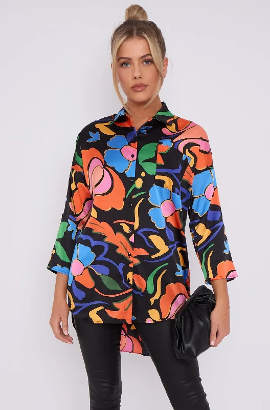 LOVE SUNSHINE Abstract Floral Print Satin Oversized Shirt