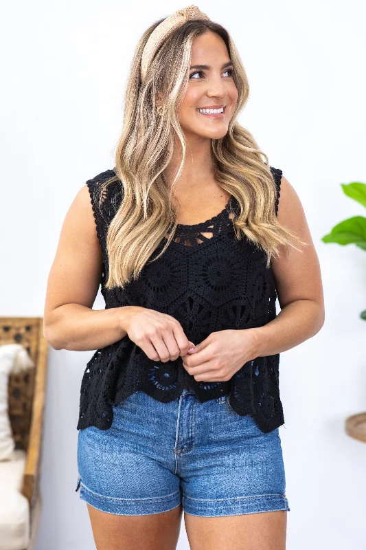 Black Casual Crochet Knit Tank Top