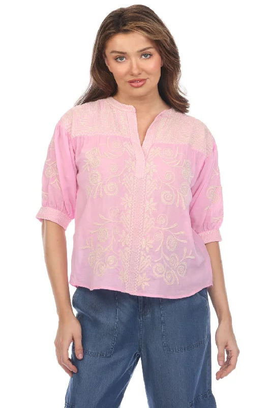 Johnny Was Workshop Hannani Puff Sleeve Henley Blouse Boho Chic W10524