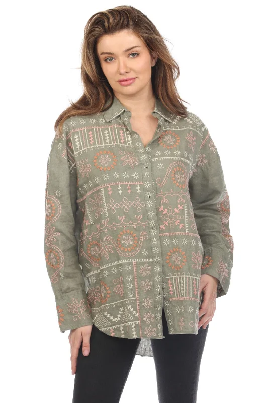 Johnny Was JWLA Green Faye Relaxed Linen Shirt Boho Chic J13024