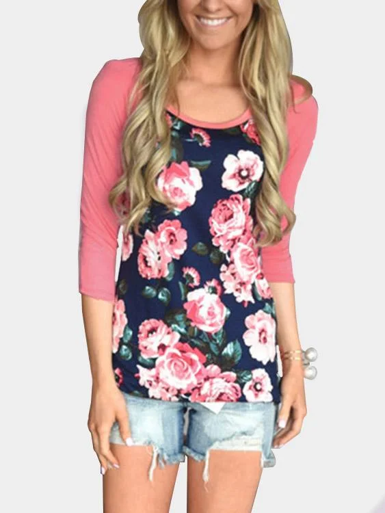 Custom Round Neck Floral Print Long Sleeve Pink T-Shirts