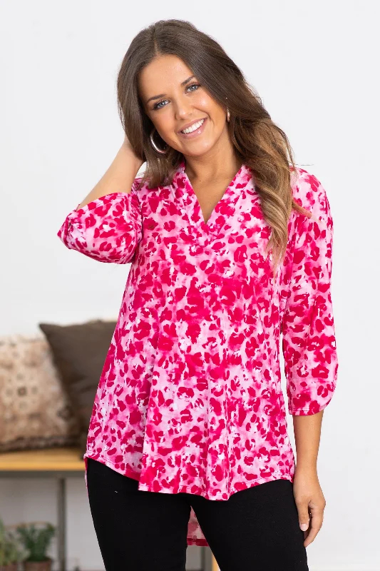 Hot Pink Animal Print Notch Neck Top