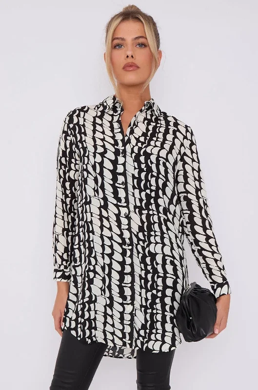 LOVE SUNSHINE Black Geo Print Chiffon Long Shirt