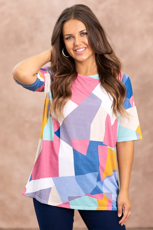 Dark Blush and Blue Multicolor Abstract Top