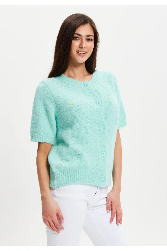 Liquorish Turquoise Knitted Floral Short Sleeve Cardigan