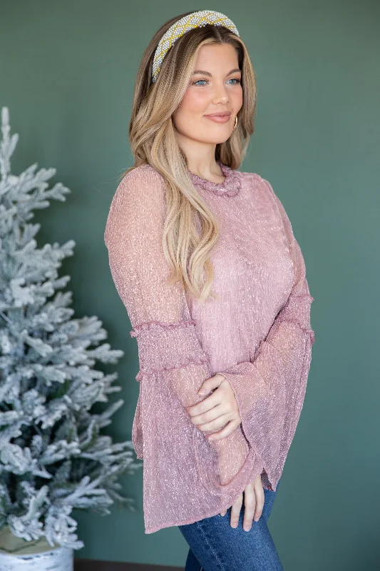 Dusty Rose Metallic Bell Sleeve Top