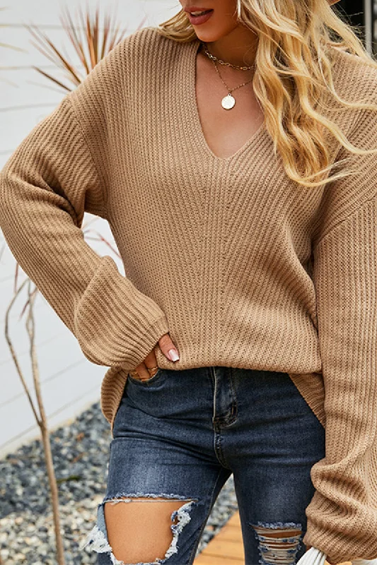 WOMEN OVERSIZED LOOSE FIT V NECK KNIT SWEATER