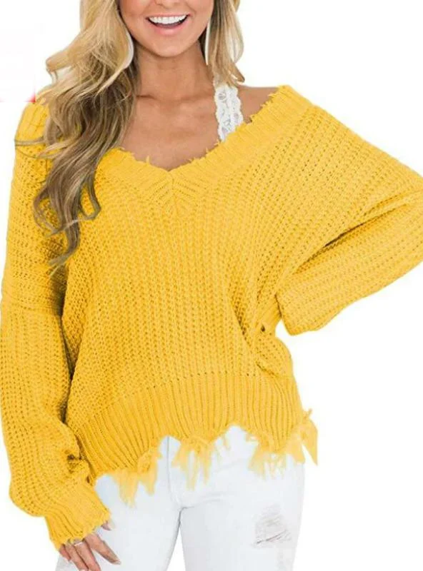 TastyHottie - OFF THE SHOULDER SWEATER FOR WOMEN FRINGE DISTRESSED KNITTED