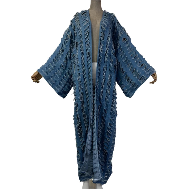 Blue Distressed Long Maxi Cardigan