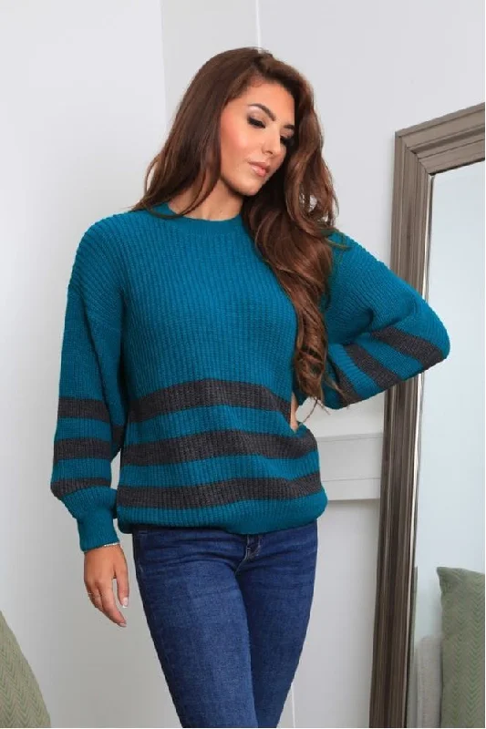 Double Second Teal Green And Grey Striped Oversized Knit Jumper