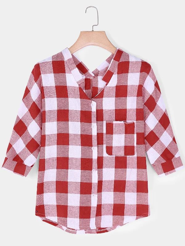 Custom V-Neck Grid 3/4 Sleeve Irregular Hem Red T-Shirts