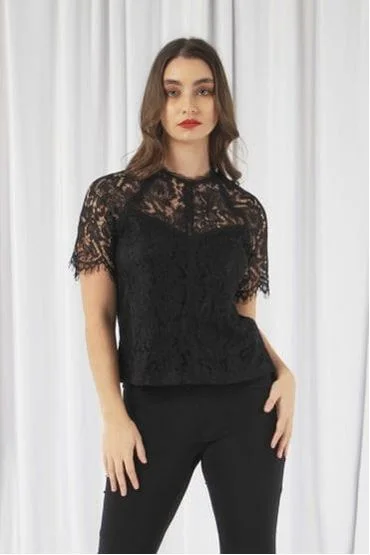 Double Second Black Raglan Sleeve Lace Top