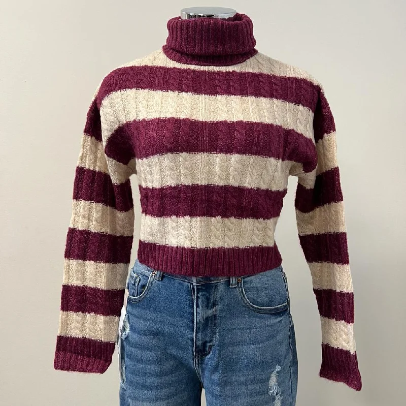 Lia Turtle Striped Knit Cropped Sweater -Violet