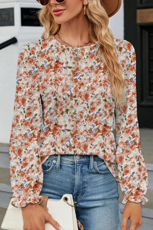 WOMEN FLORAL RUFFLE SLEEVE ROUND NECK FALL BLOUSE