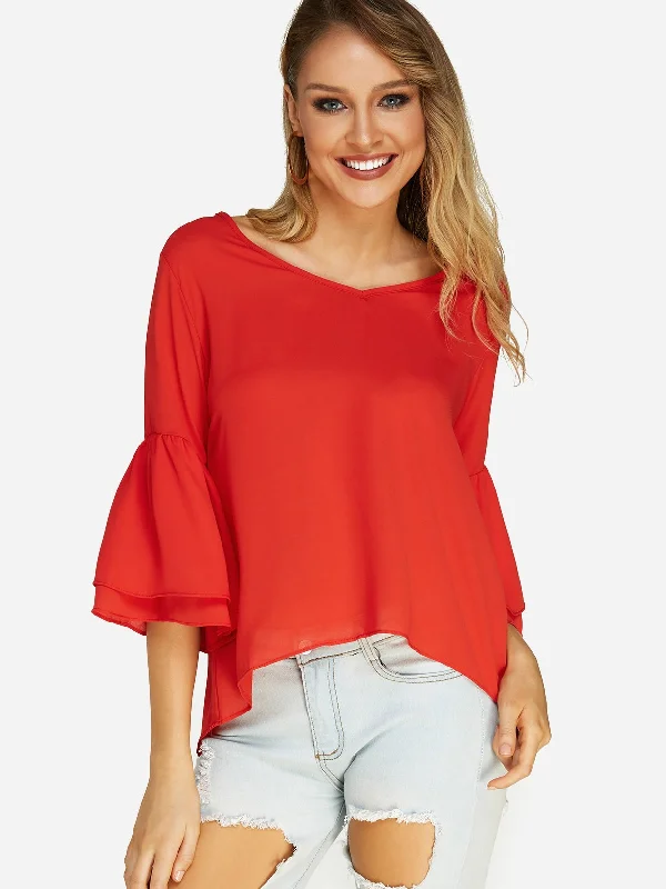 Custom V-Neck 3/4 Sleeve Irregular Hem Red T-Shirts