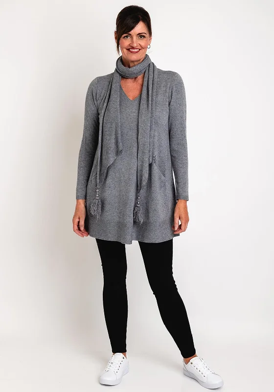 Natalia Collection One Size Long Sweater and Scarf, Grey