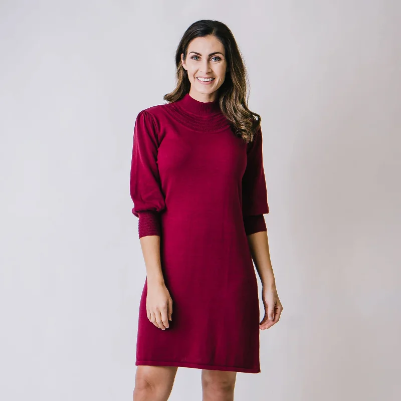 Mock Neck Puff Sleeve Sweater Dress