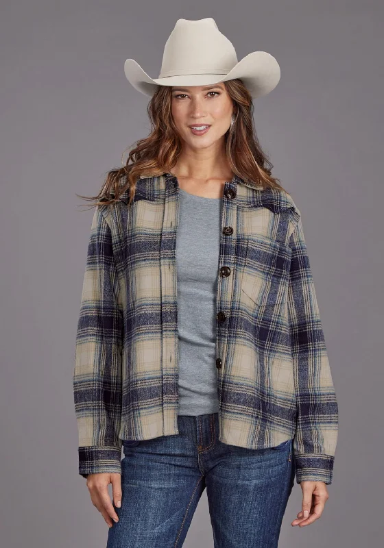 Stetson Womens Plaid Jacket Blue/Tan Poly/Wool L/S Shirt