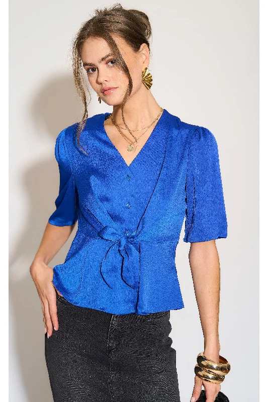 LOVE SUNSHINE Royal Blue Short Sleeve Knotted Crepe Satin Top