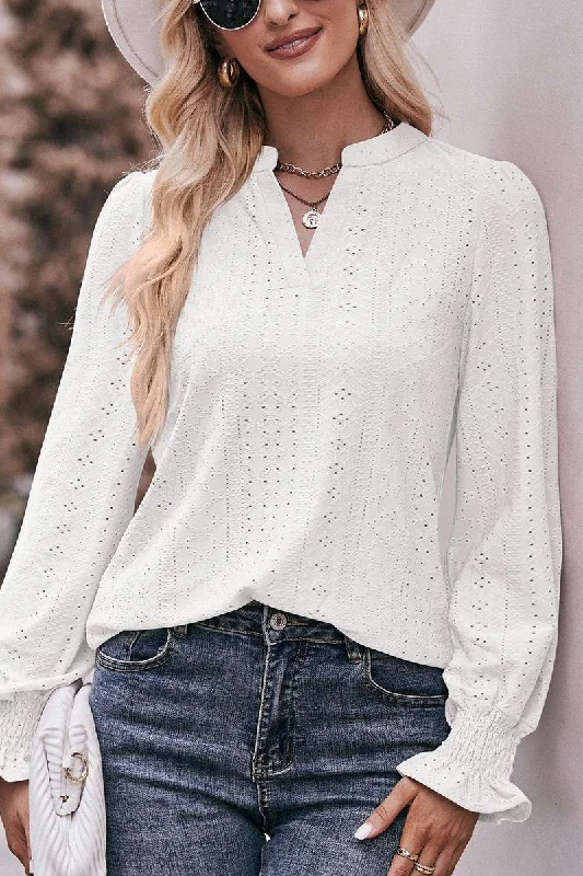 WOMEN EYELET SMOCKED CUFF SLEEVE V NECK BLOUSE