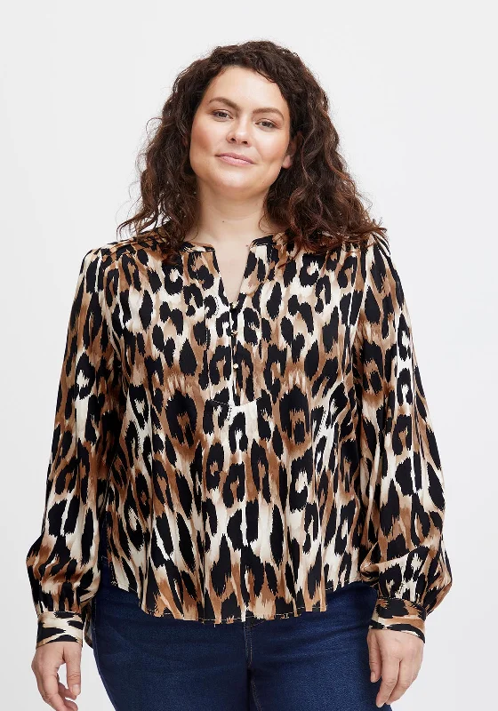 Fransa Curve V-Neck Leopard Print Top, Tigers Eye