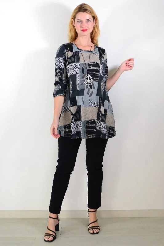 Grey Abstract Print Fleece Tunic Top