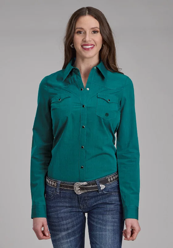 Roper Womens Fill Solid Poplin Teal 100% Cotton L/S Shirt