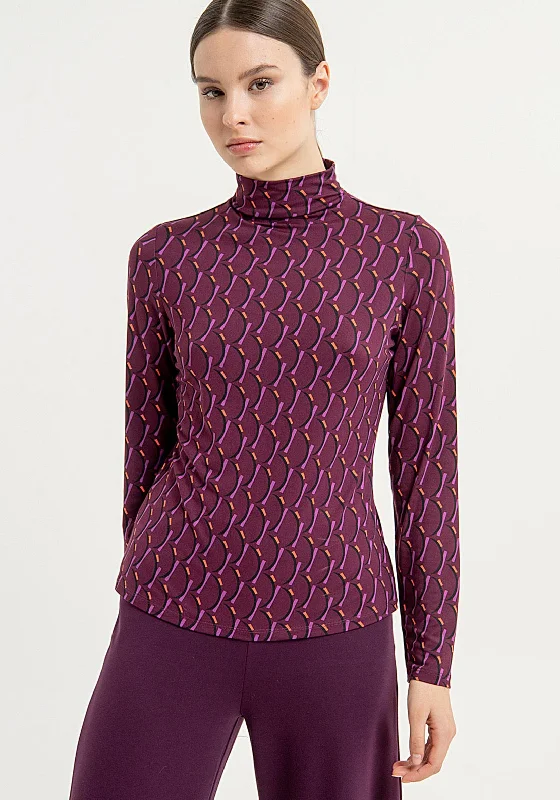 Surkana Turtleneck Abstract Print Top, Plum