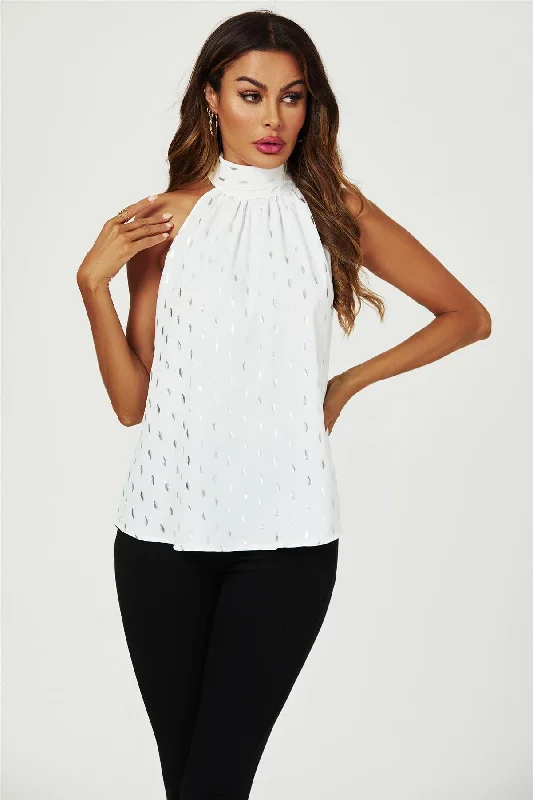 FS Collection Silver Foil Halter Neck Tie Back Top In White