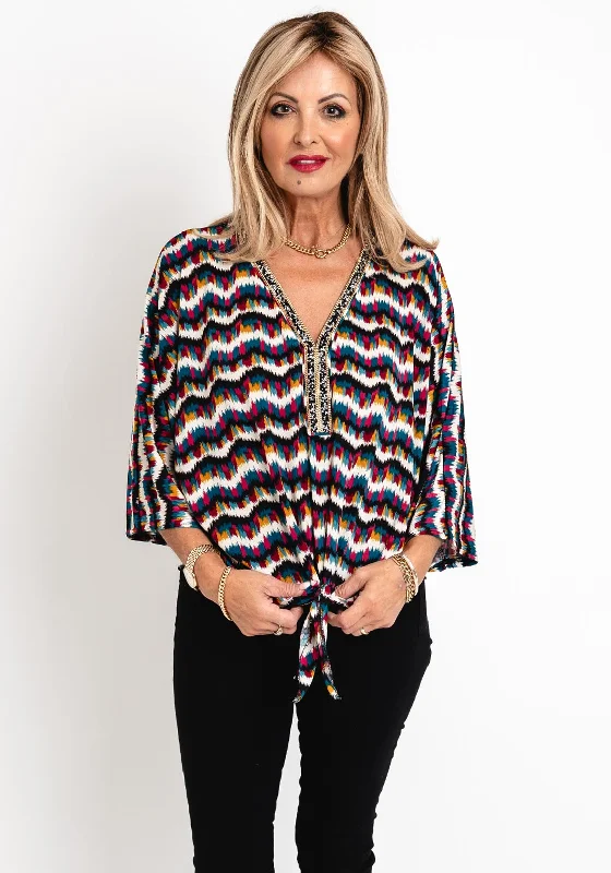 Natalia Collection One Size Embellished V-Neckline Print Top, Multi