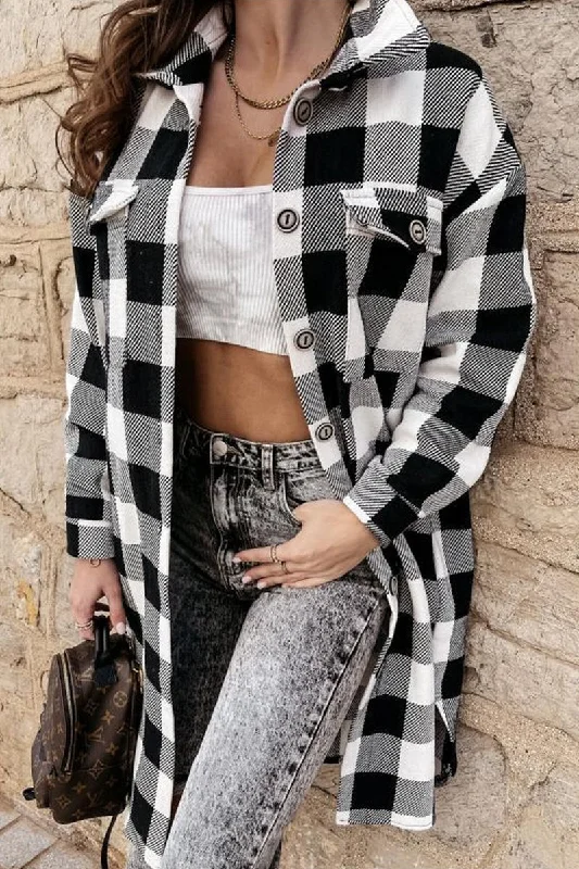 WOMEN LONG LENGTH PLAID PATTERN BUTTON UP JACKET