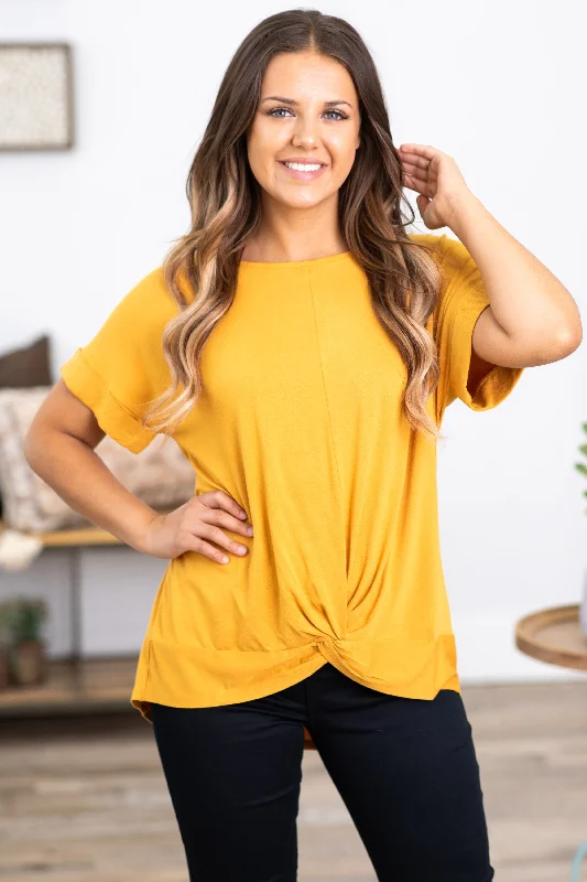 Golden Mustard Knot Front Short Sleeve Top