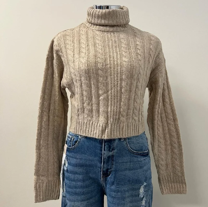 Lea High Neck Cable Knit Cropped Sweater Top- Oatmeal